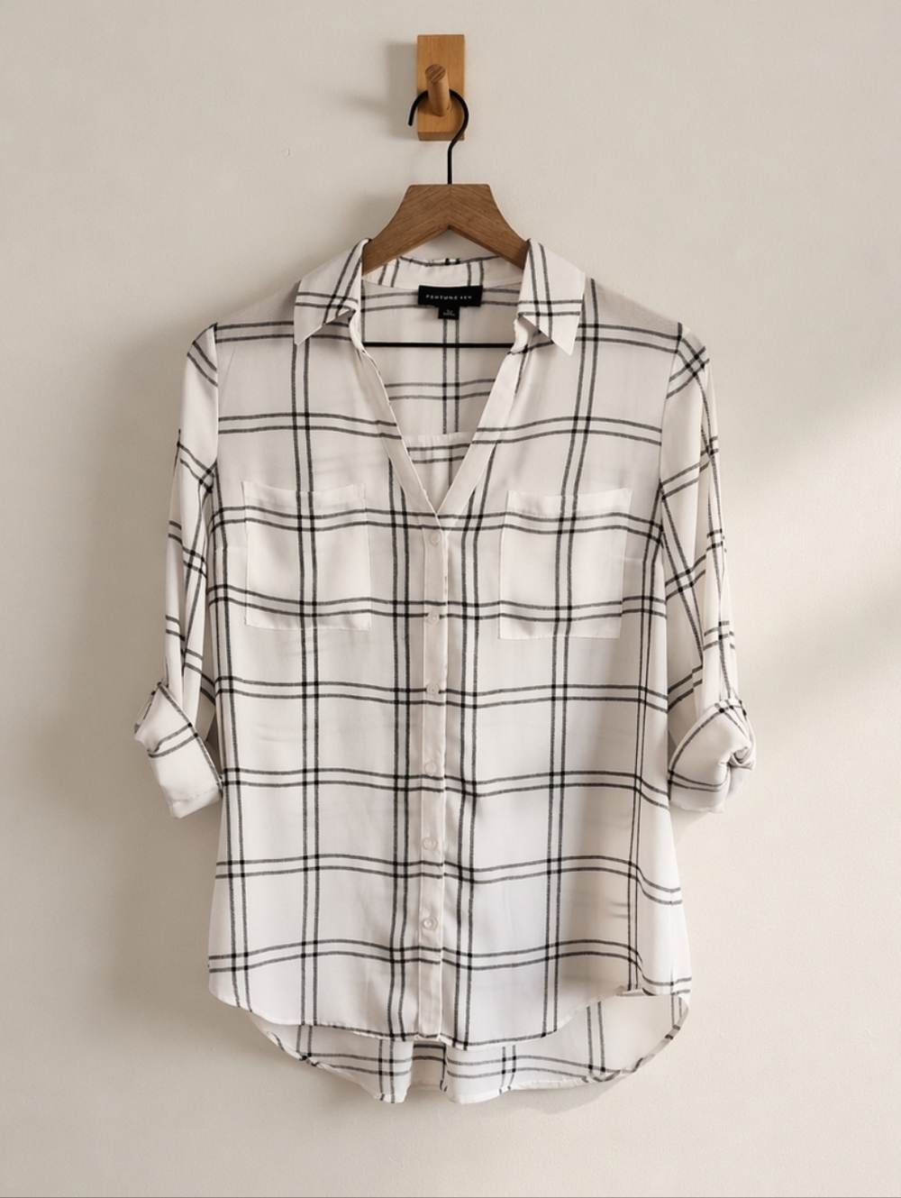 Fortune + Ivy Plaid Button Down Blouse Size M | Sheer Lightweight Roll Tab Shirt